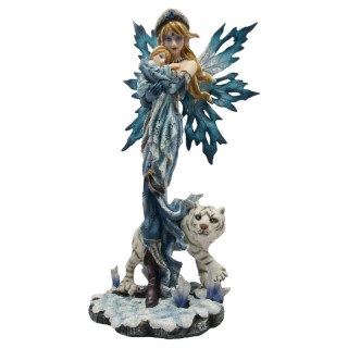 Statue Fée avec Bébé et Lion Blanc