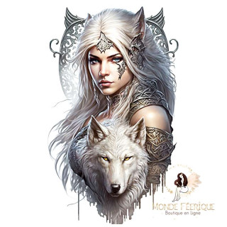 Plaque Fantasy Elfe Guerrière et Loup Blanc