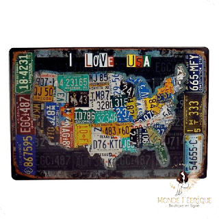 Plaque décoration USA Vintage - Plaque deco en metal pour mur carte des etats unis