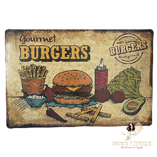 Plaque métal rétro – Gourmet Burgers – Déco cuisine style US vintage.