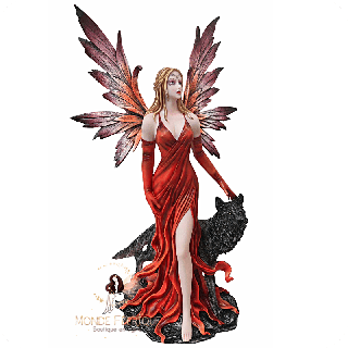 Fée rouge avec loup noir – Statuette imposante