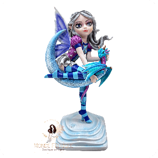 Fée bleue sur croissant de lune – Figurine féerique et dragon